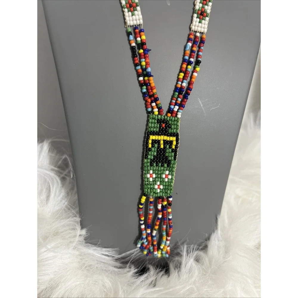 VTG Native American Handmade Seed Beaded Necklace Thunderbird Design Multicolor